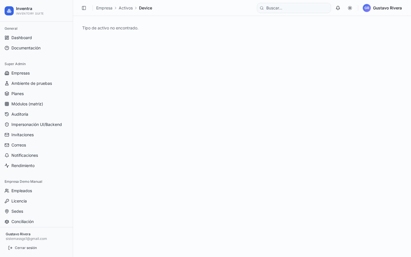 Listado de activos con filtros por tipo, sede, estado y búsqueda.