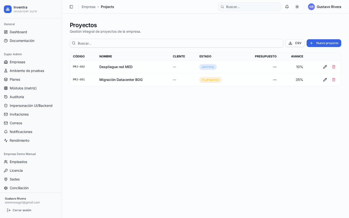 Listado de proyectos con estado, cliente y avance.