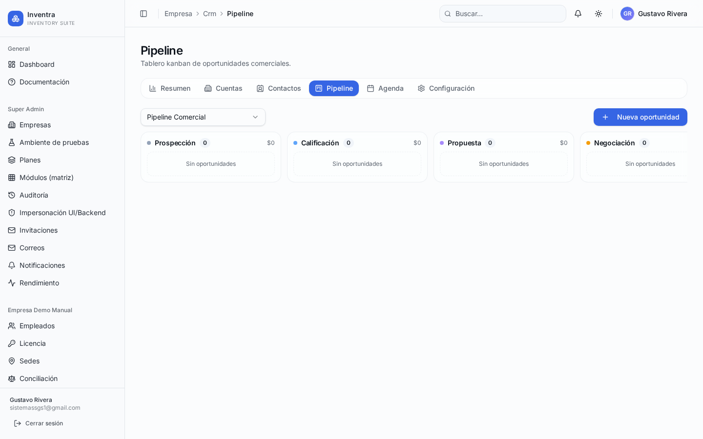 Tablero kanban del pipeline comercial.