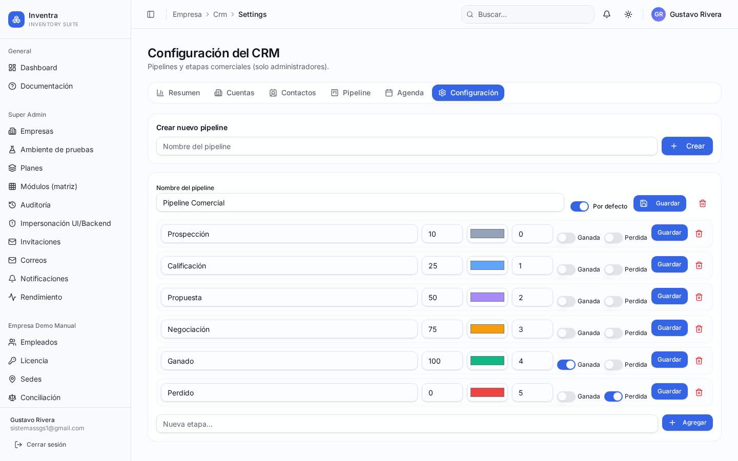 Configuración del CRM: etapas, motivos de pérdida, pipelines.