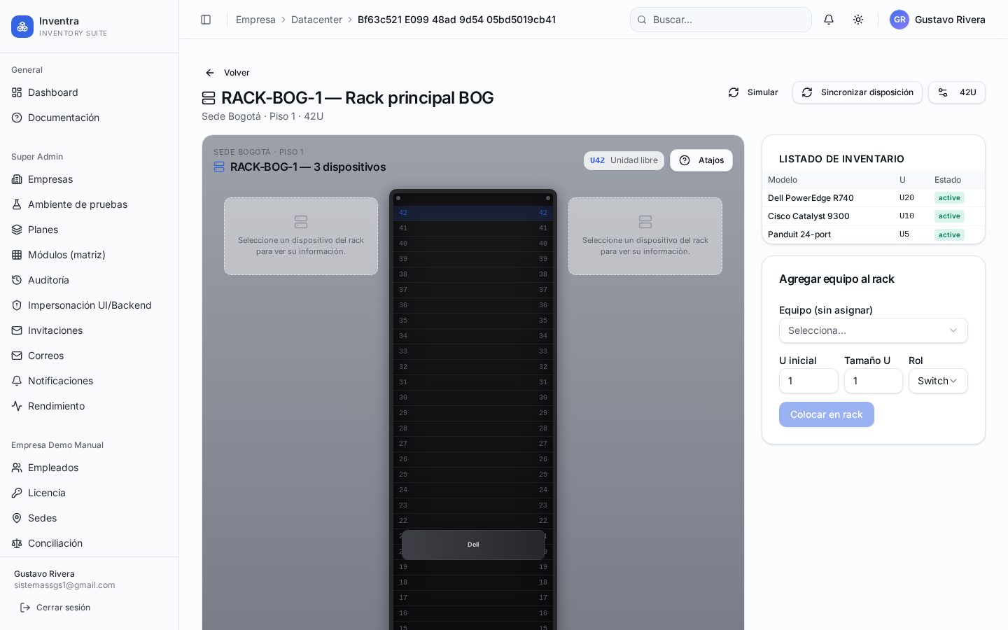 Detalle del rack: ocupación U por U, equipos y conexiones.