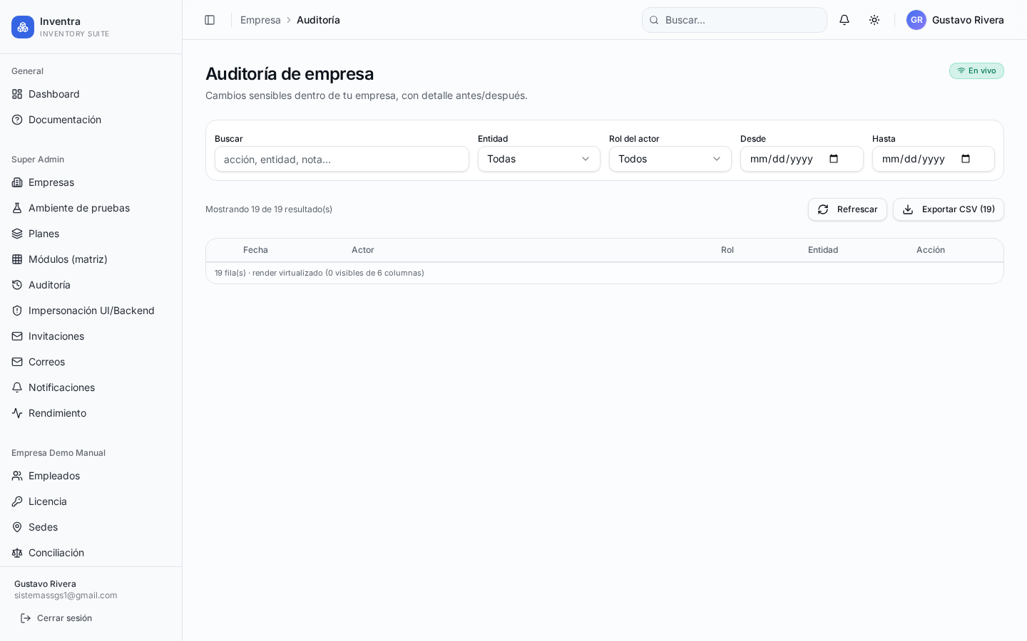 Bitácora de auditoría con filtros por usuario, tabla y rango de fechas.