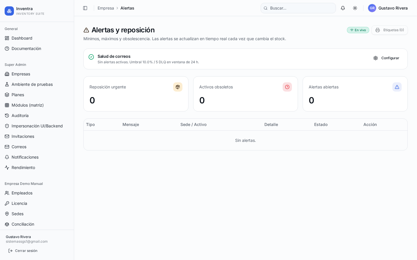 Listado de alertas activas con su severidad y opción de descartar.