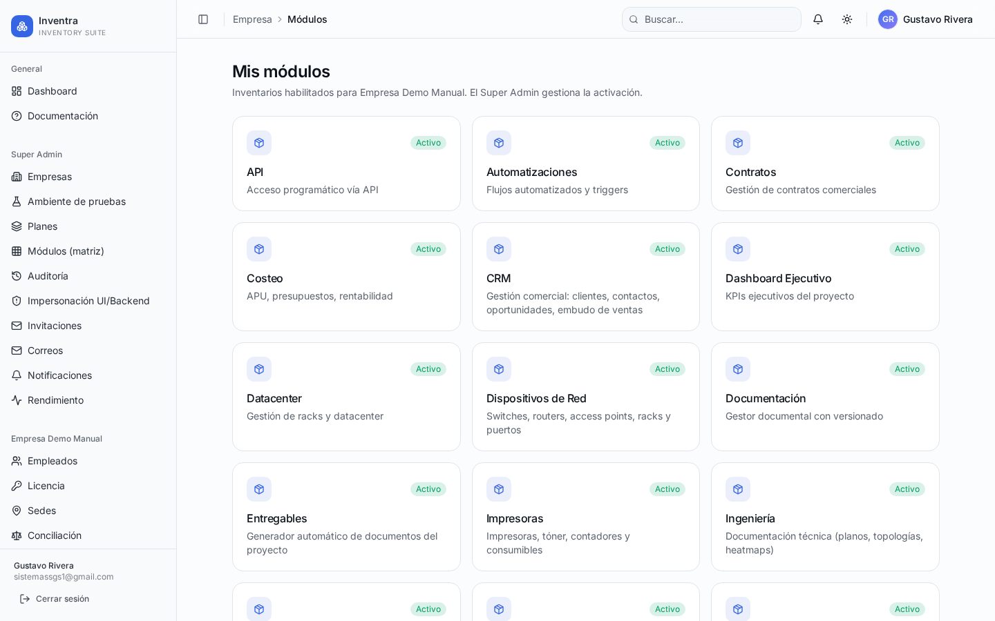 Listado de módulos del plan con su estado (activo / inactivo).