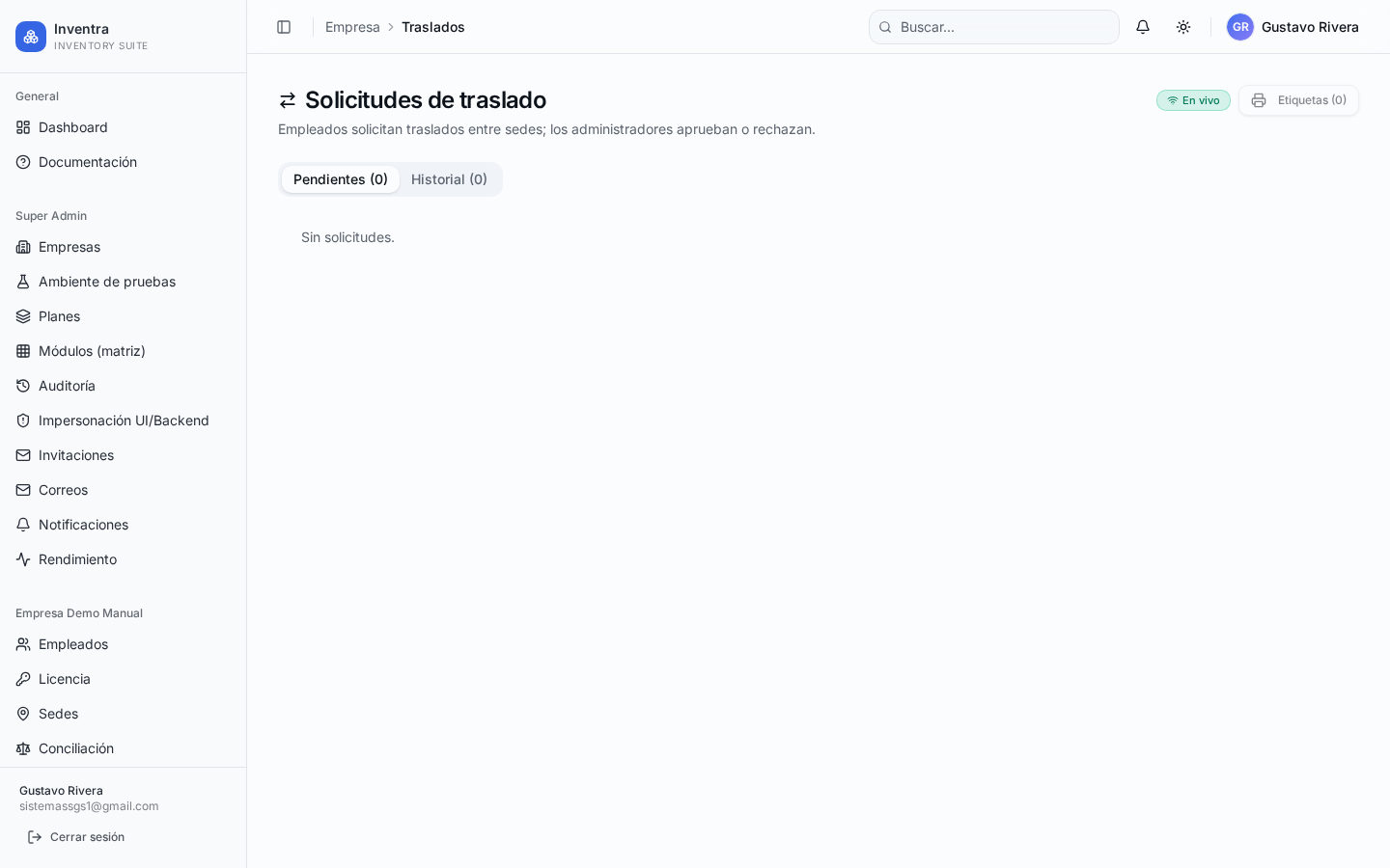 Listado de traslados: pendientes, en tránsito y completados.
