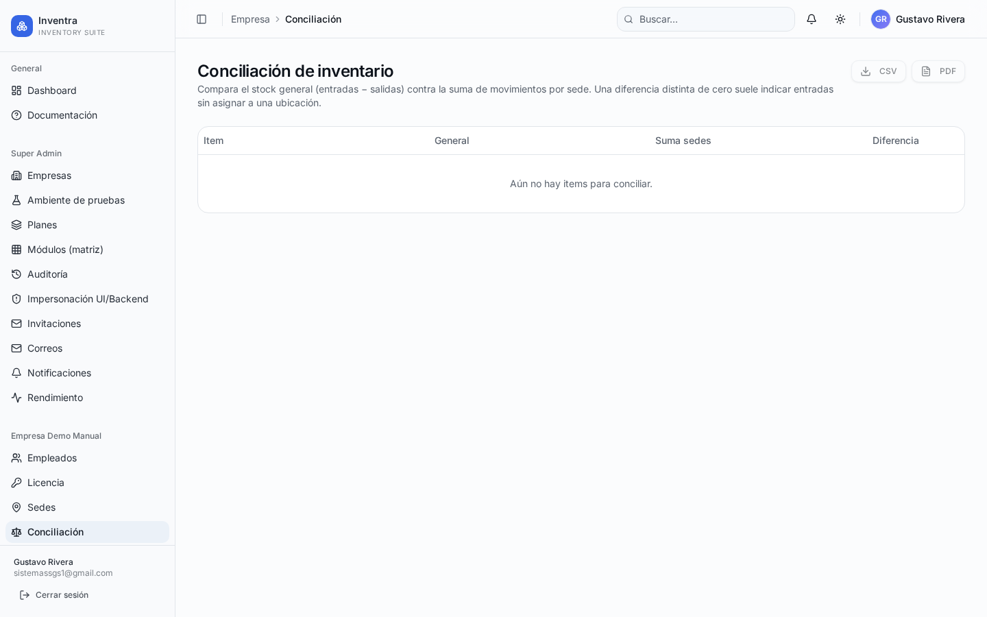 Conciliación: diferencias entre stock teórico y físico, ajustes.