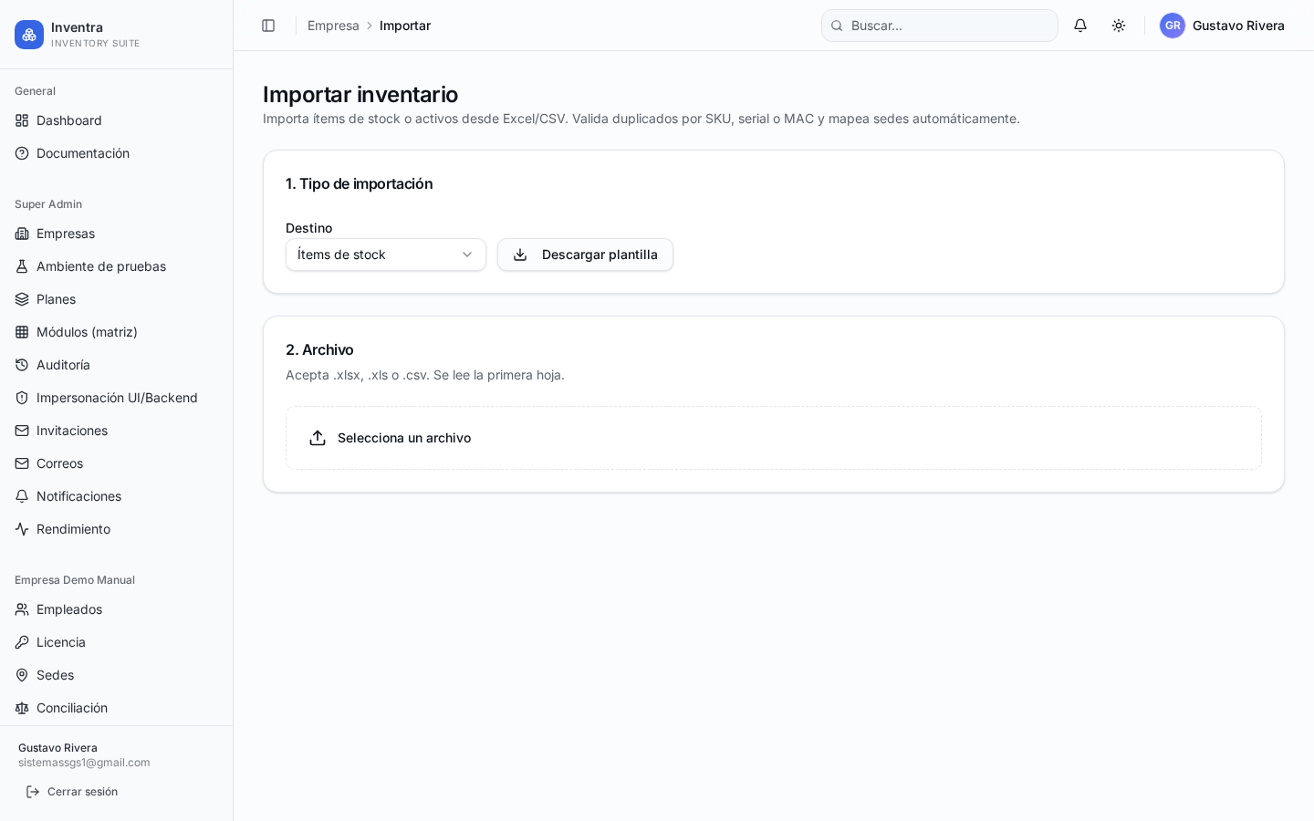 Importador: sube CSV y mapea columnas.