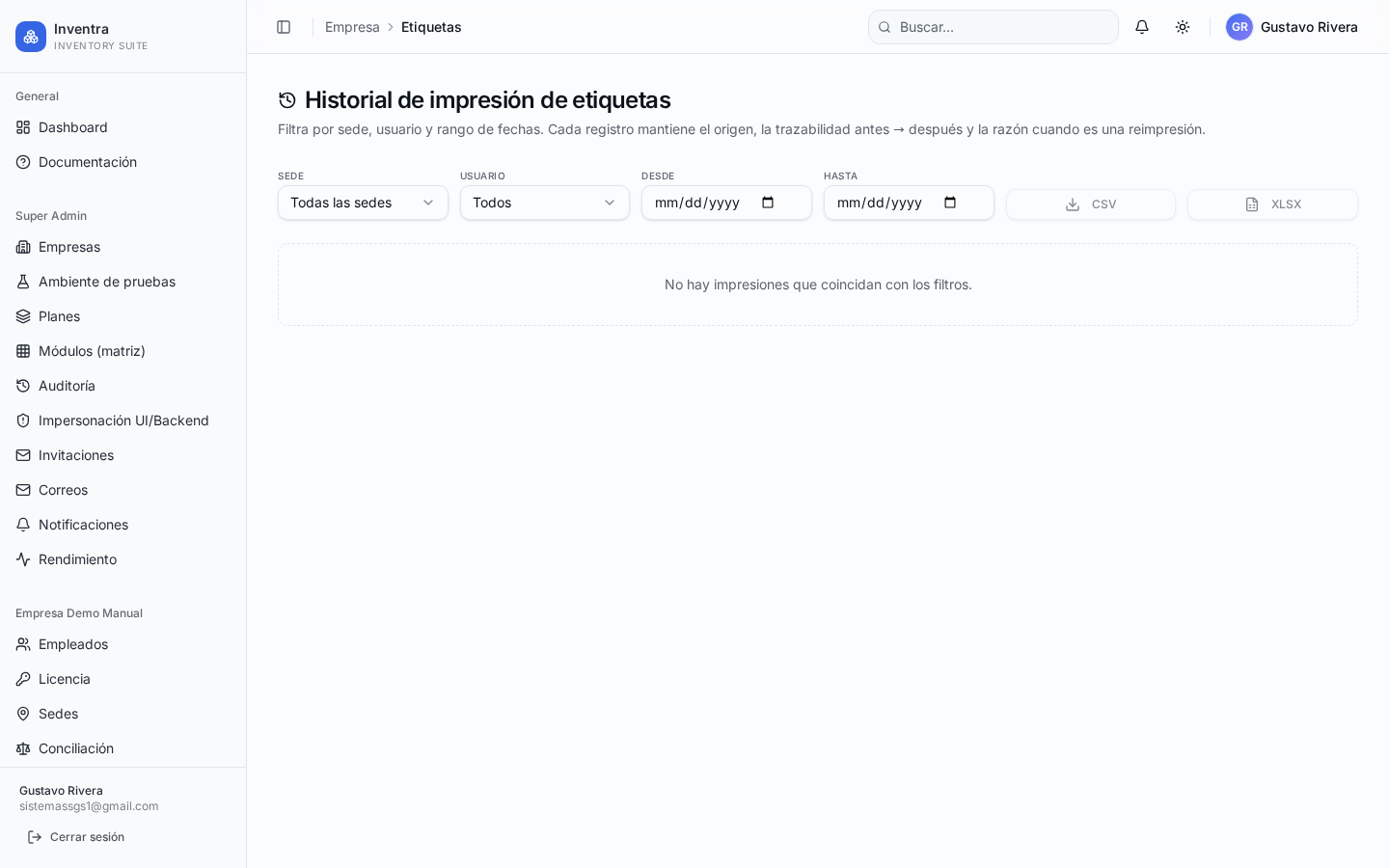 Historial de impresiones de etiquetas.