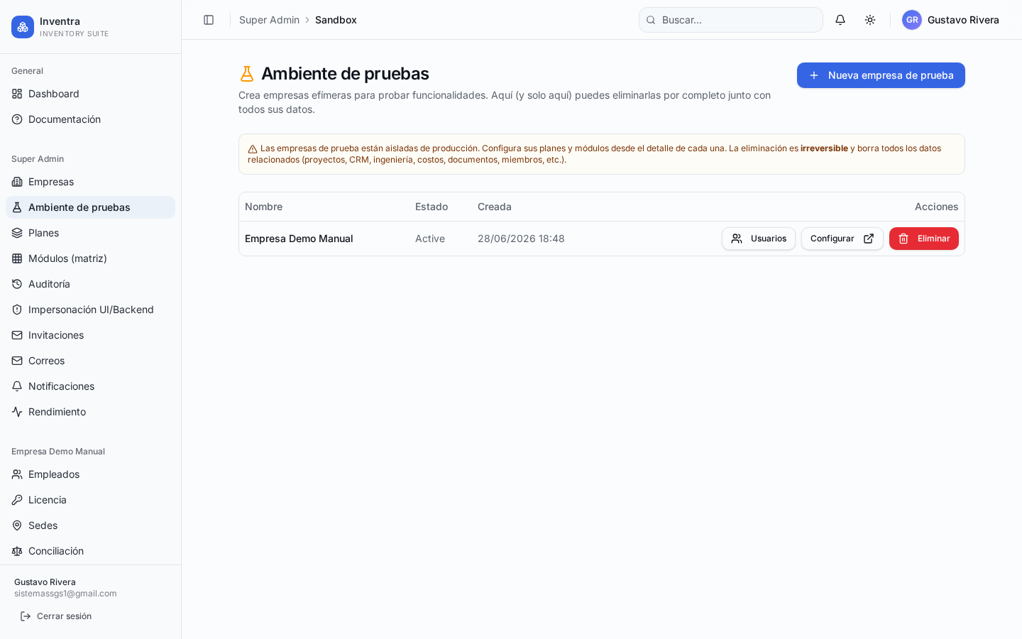 Sandbox: empresas marcadas como entorno de pruebas y herramientas de usuario genérico.