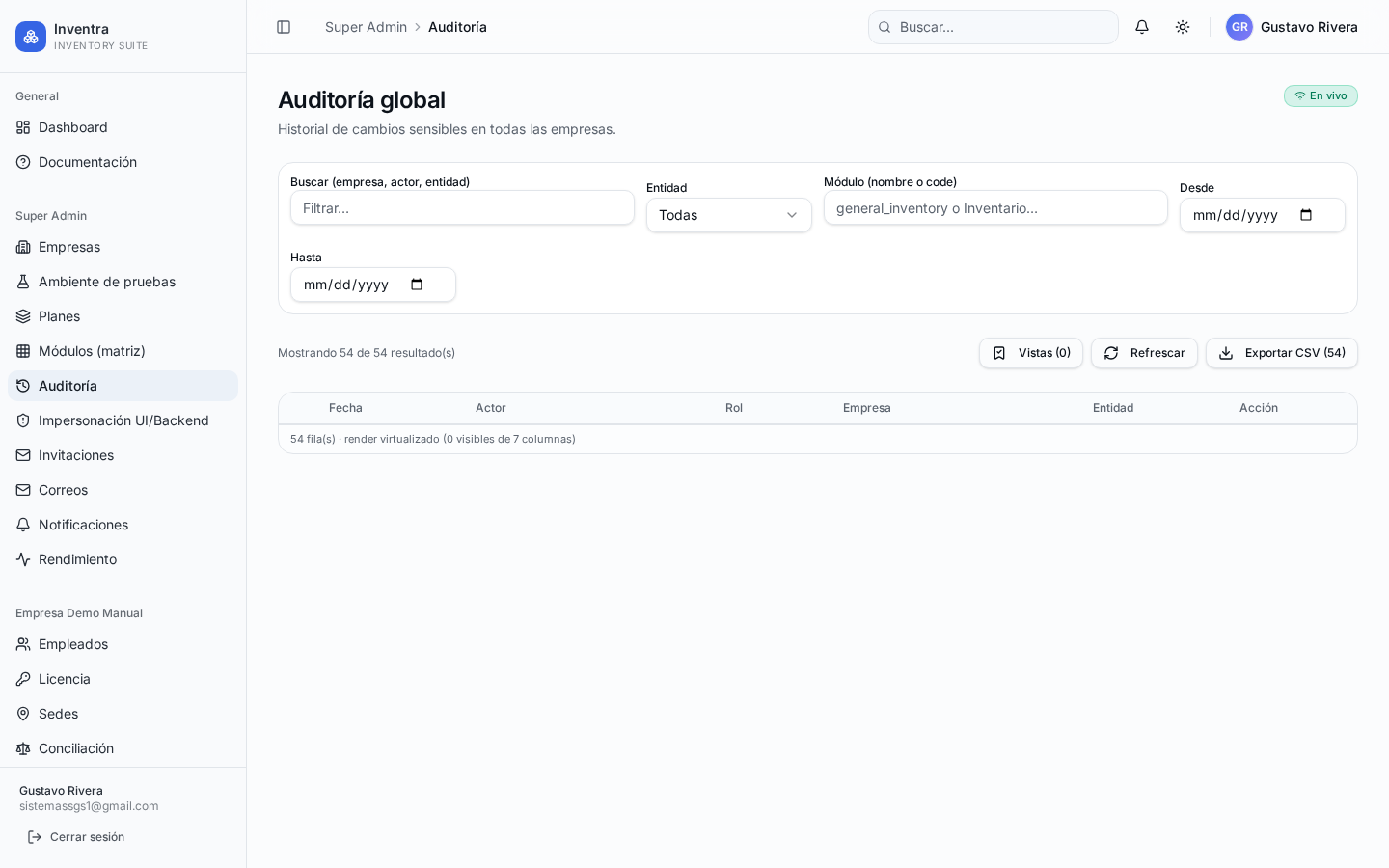 Bitácora global multi-empresa con filtros avanzados.