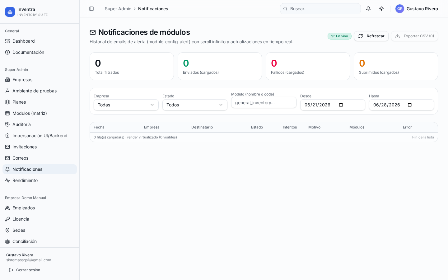 Configuración de notificaciones del sistema.